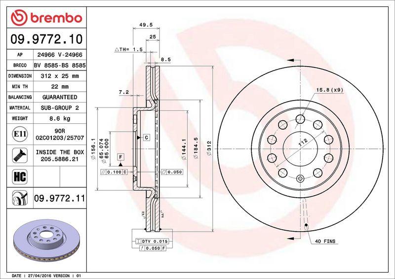 BREMBO DISK PREDNjI VW/AUDI 312/25mm 09.9772.11 – Debljina ko?ionog diska 25 mm