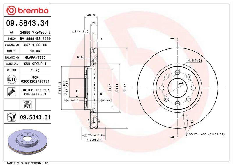 BREMBO DISK PREDNjI 257/22 mm 09.5843.31 – Debljina ko?ionog diska 22 mm BREMBO DISK PREDNjI 257/22 mm 09.5843.31 – Debljina ko?ionog diska 22 mm