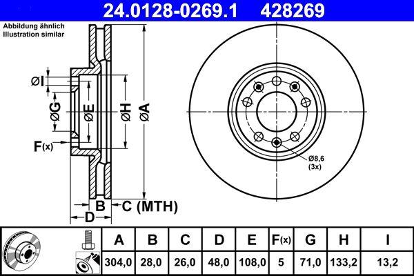 ATE DISK PREDNjI PSA /OPEL /FIAT 304x28mm 428269 – Znak za izvrš. proveru E1 90R-02C0115/0883