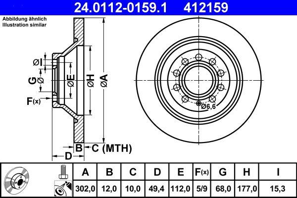 ATE DISK ZADNjI AUDI A6 302/12mm 412159 – Znak za izvrš. proveru E1 90R-02C0165/0950